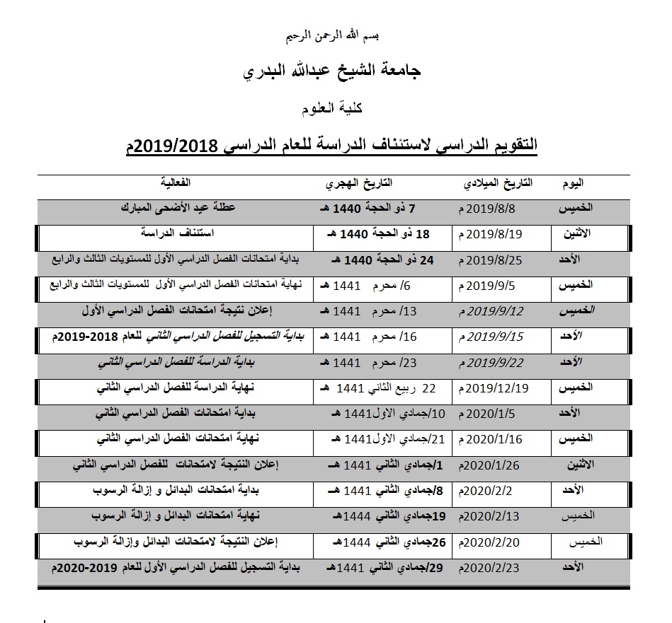 اعلان جداول الامتحانات بكلية العلوم الفصل الخامس والسابع جامعة الشيخ عبدالله البدري Elsheikh Abdallah Elbadri University